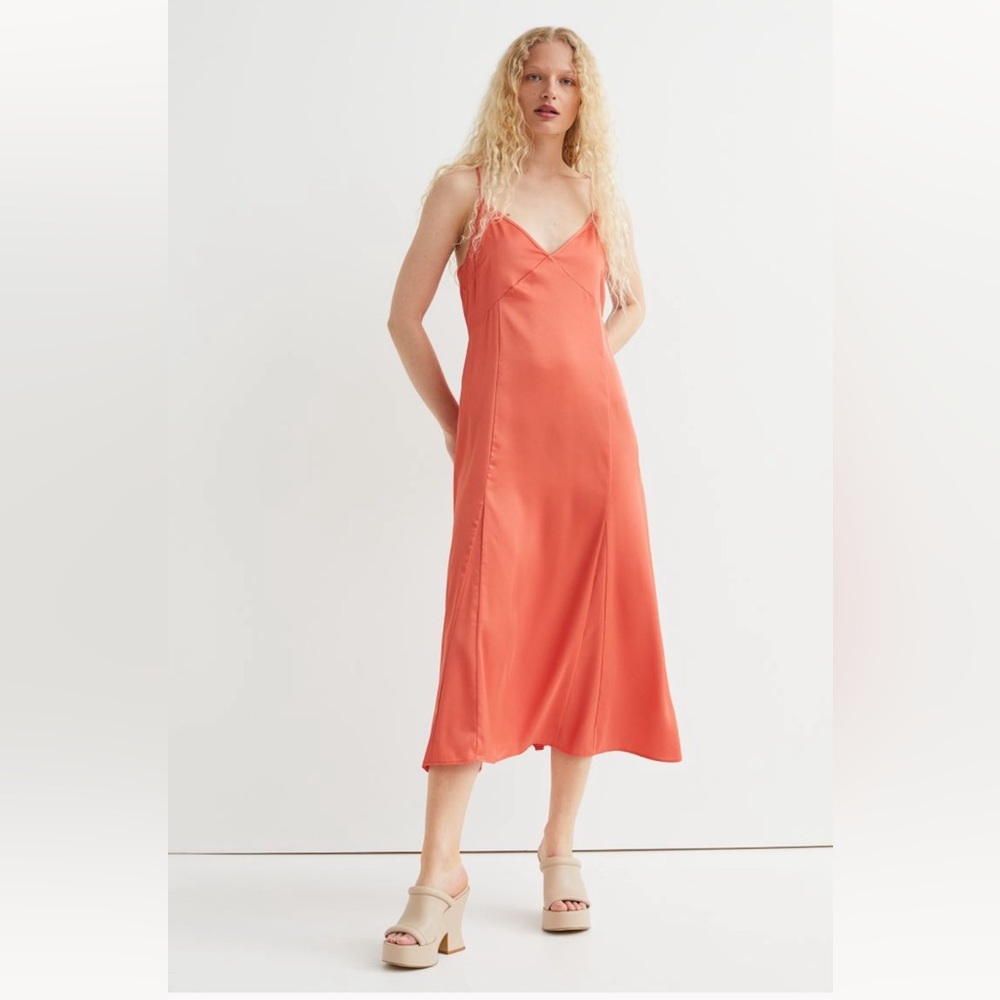H&M V-Neck Satin Slip Dress - Fire Orange